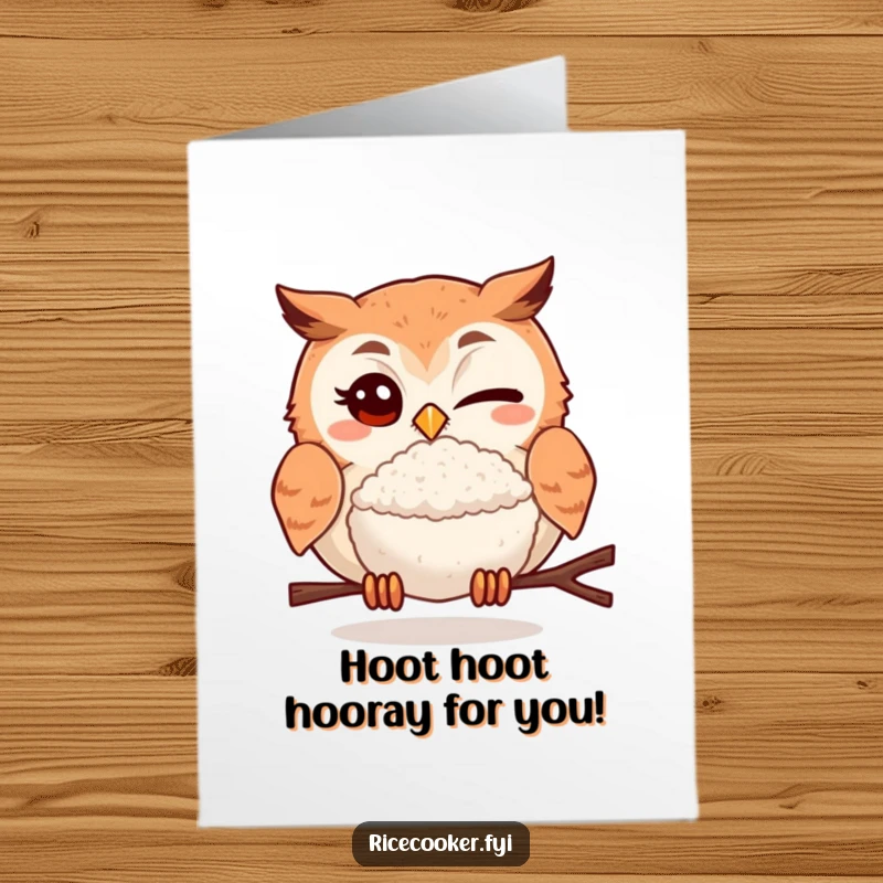 Funny free printable congratulations card with a winking owl offering a perfectly cooked rice ball, celebrating success.
