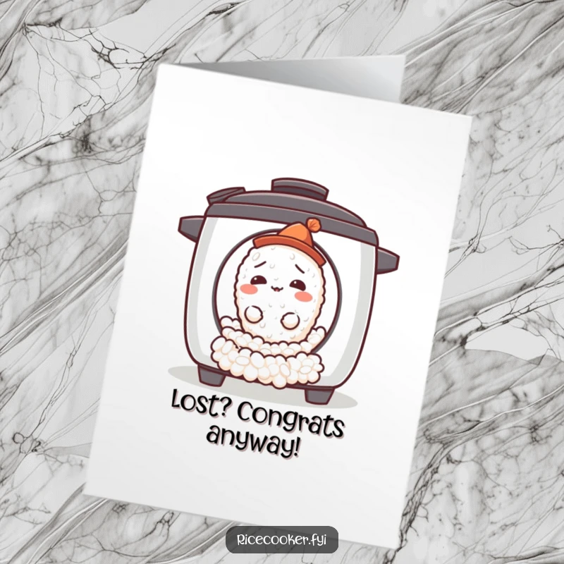 Funny Free Printable Congratulations Card: A single rice grain, bewildered and wearing a miniature hat, exits a rice cooker.