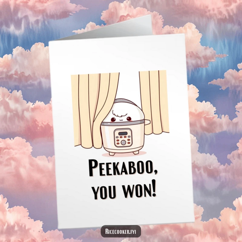 Funny Free Printable Congratulations Card: A rice cooker peeking from behind a curtain with a mischievous expression, celebrating their success.