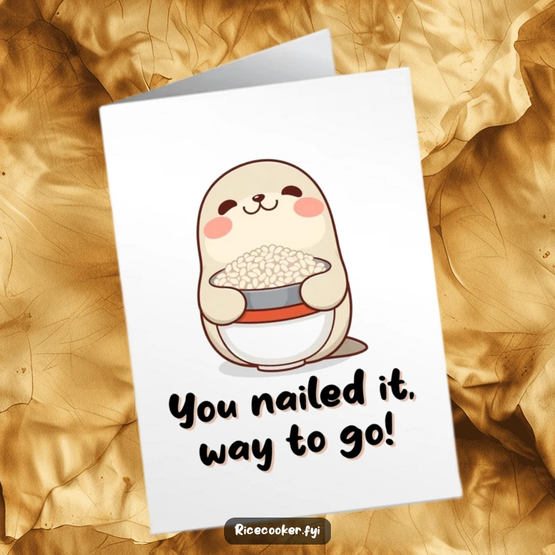 Funny free printable congratulations card with a smiling seal balancing a bowl of rice, celebrating a win.