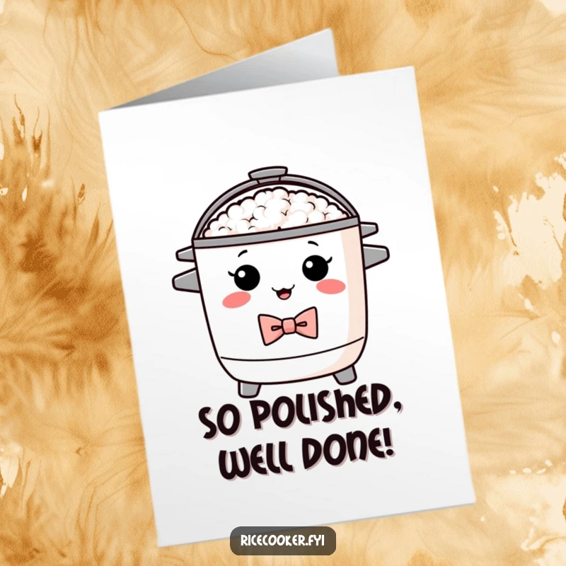 Funny Free Printable Congratulations Card with a proud, dapper rice cooker in a bow tie, celebrating formal achievements with style.