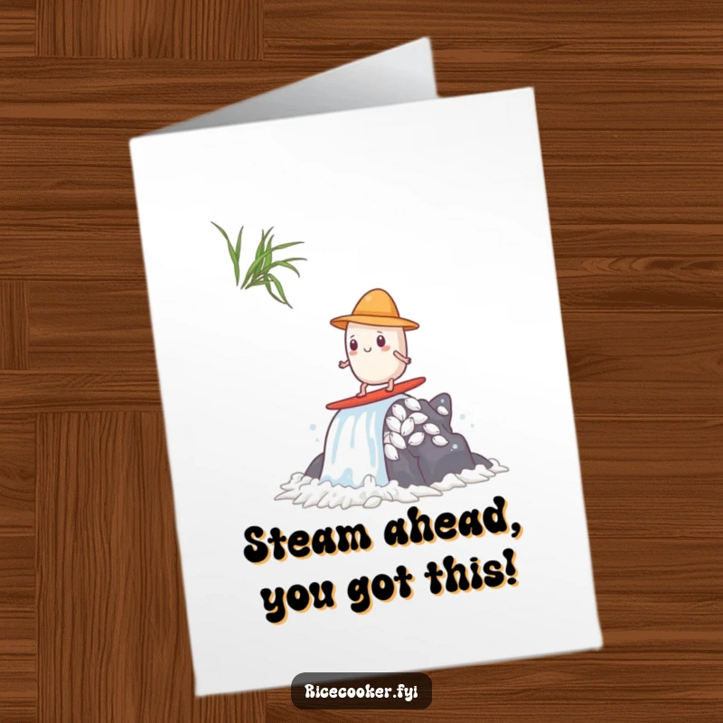 Funny Free Printable Congrats Card: A rice grain sporting a hat, skilfully surfing a powerful steam waterfall.