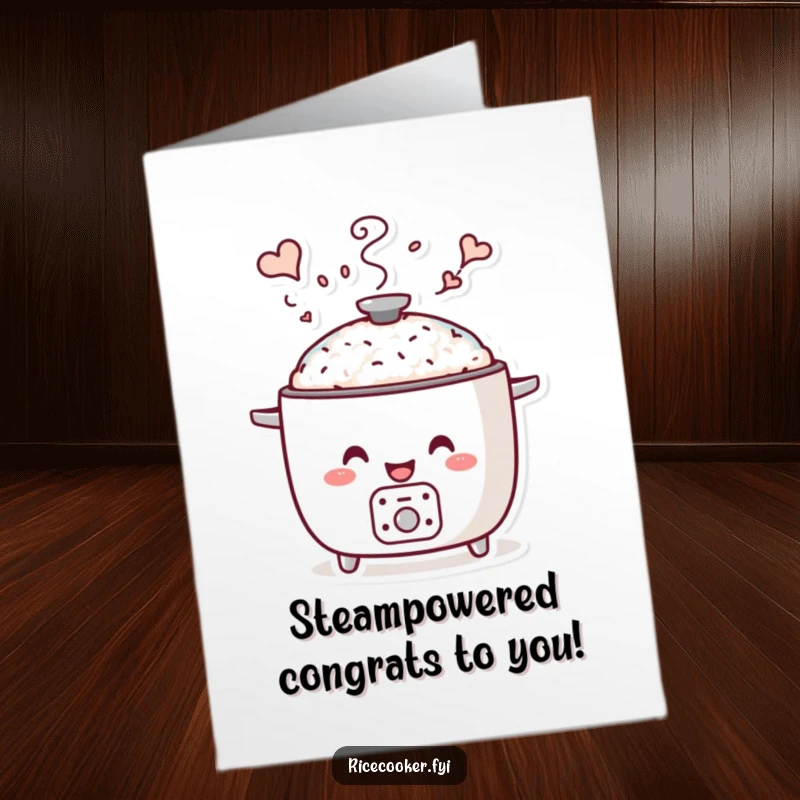 Funny Free Printable Congratulations Card: A cheerful rice cooker sends whimsical, cloud-like steam shapes into the air.
