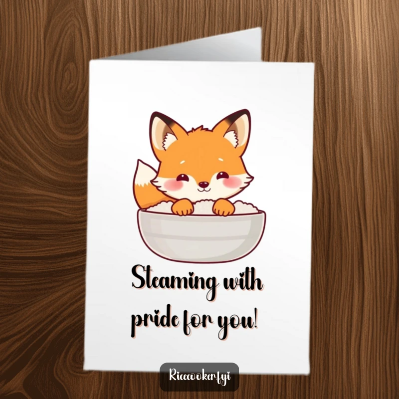 Funny Free Printable Congratulations Card: A curious fox peeks from behind a lid covering steaming rice.