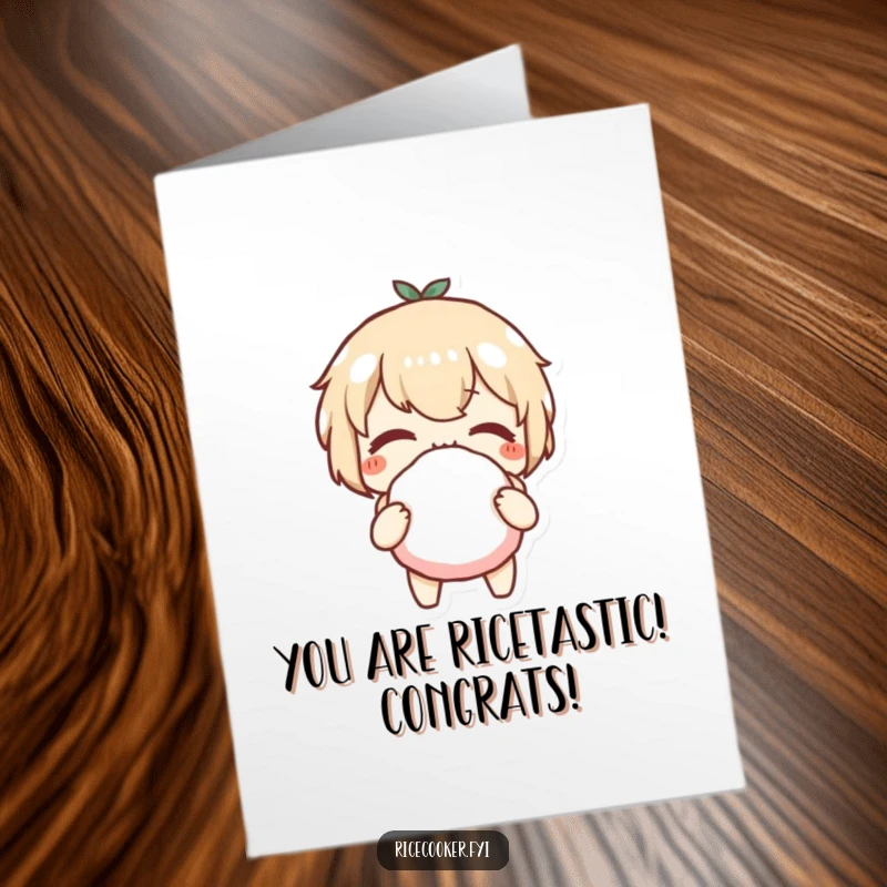 Funny Free Printable Congratulations Card: character winking playfully while expertly holding a perfectly formed rice ball.