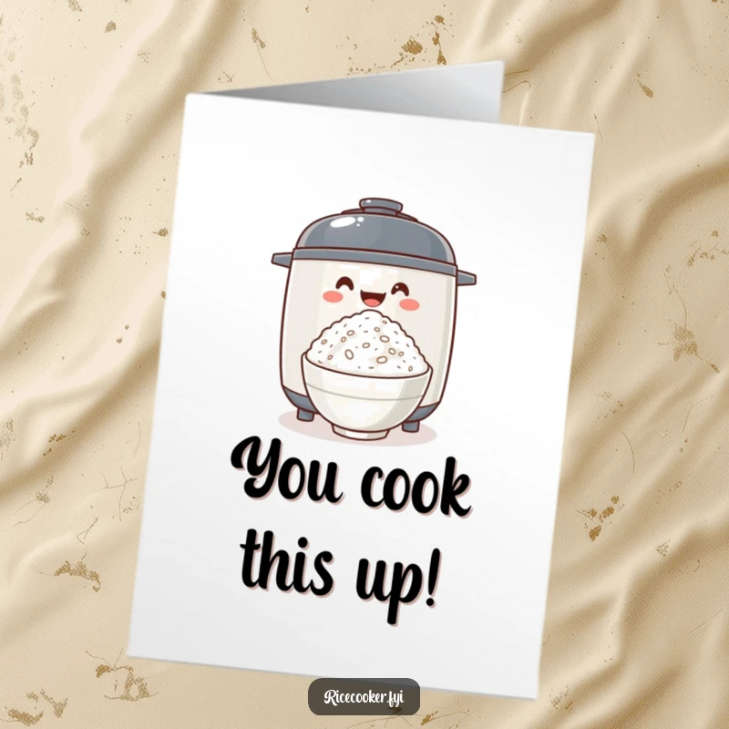 Funny Free Printable Congratulations Card: an enthusiastic rice cooker presents a bowl of fluffy rice, celebrating a great success.