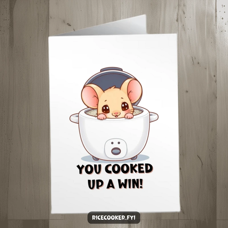 Funny Free Printable Congratulations Card showing a curious mouse excitedly peeking into a rice cooker.
