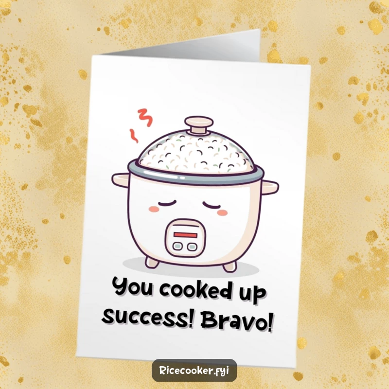 Funny Free Printable Congratulations Card: A sleepy rice cooker with its lid ajar, dreaming of more rice, perfect for celebrating success.