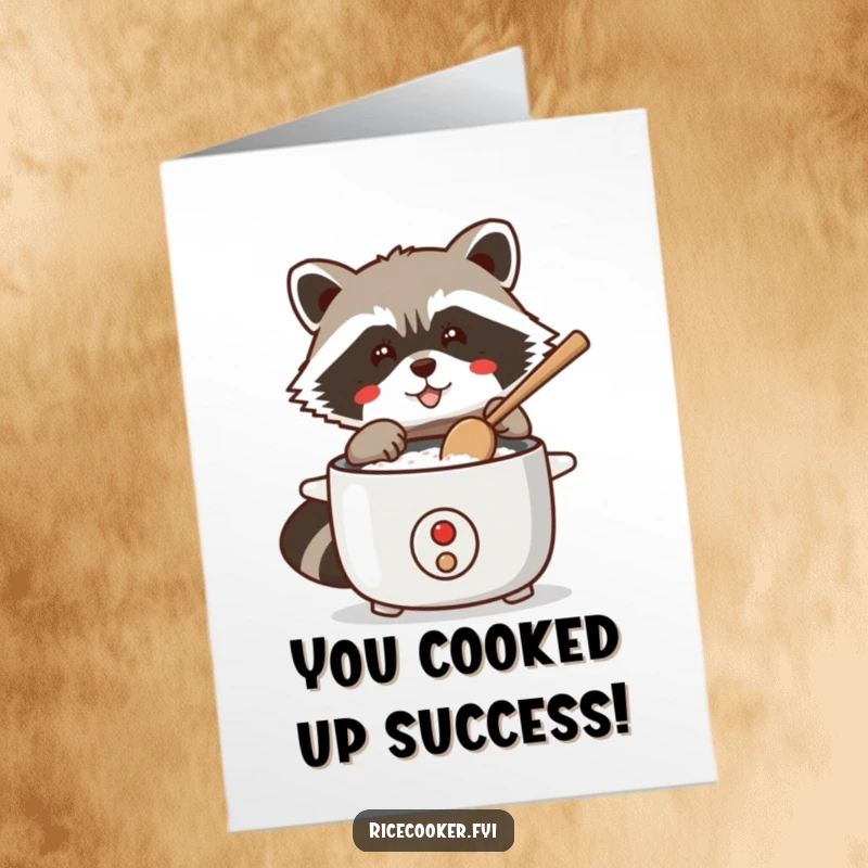 Funny Free Printable Congratulations Card: A sly raccoon tapping a rice cooker with a spoon, ready for a rice feast.