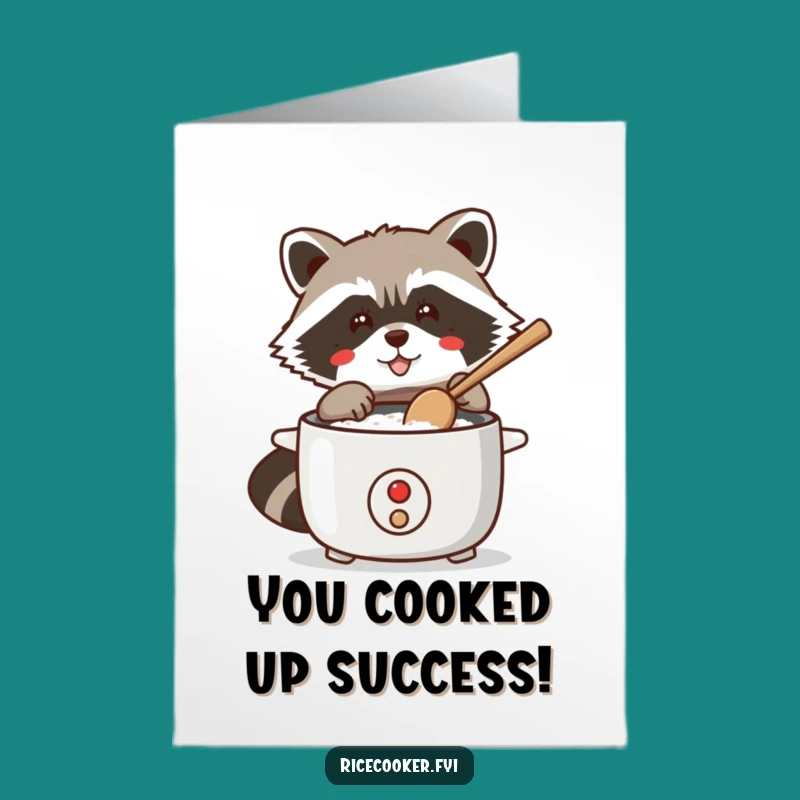Free Printable Congratulations Card: Raccoon Rice Cooker Triumph, Humorous Downloadable Gift