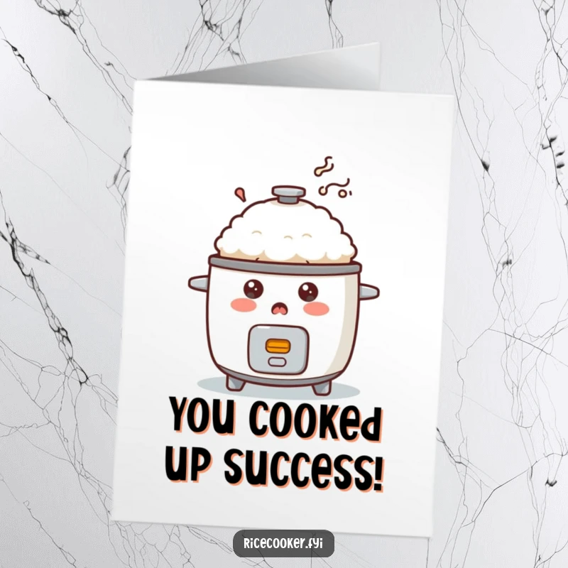 Funny Free Printable Congratulations Card: A shocked rice cooker, emitting smoke, conveying surprise and congratulations, a humorous downloadable design.