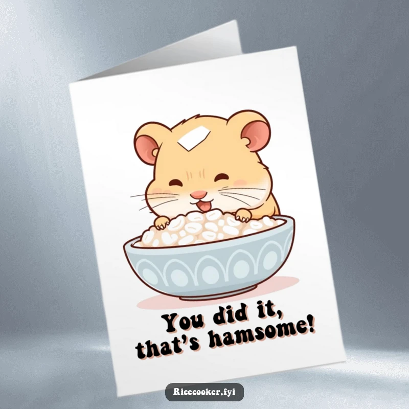 Funny free printable congratulations card showing a hamster delighted by a steaming bowl of rice, a downloadable celebratory treat.