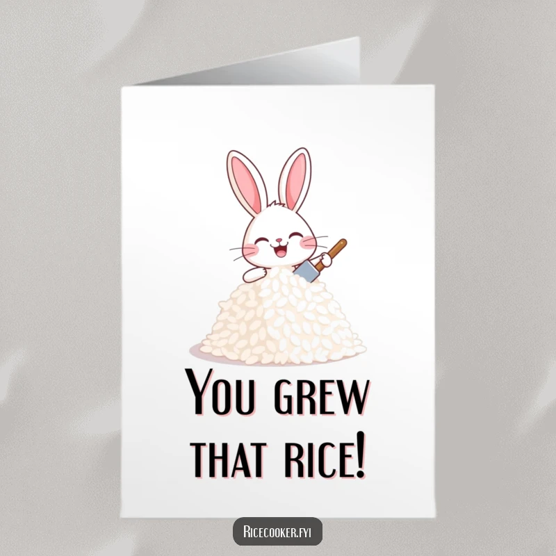 Funny Free Printable Congratulations Card: A happy bunny lovingly pats a mound of freshly cooked rice with a small spatula.