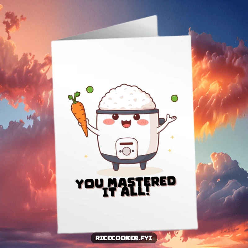 Funny Free Printable Congrats Card: Happy rice cooker juggling a carrot and pea, celebrating accomplishments with flair.