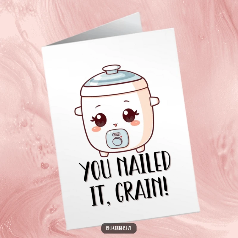 Funny Free Printable Congrats Card: A cute rice cooker with wide eyes gives a playful wink to celebrate achievements.