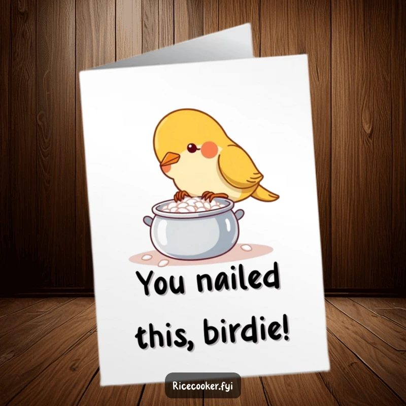 Funny Free Printable Congratulations Card featuring a determined bird carefully tending a small bubbling pot of rice.