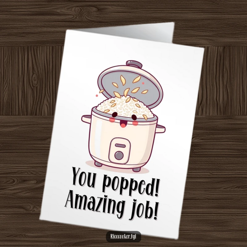 Funny Free Printable Congrats Card: Surprised rice cooker with lid open, showing off dancing grains, perfect for celebrating surprises.