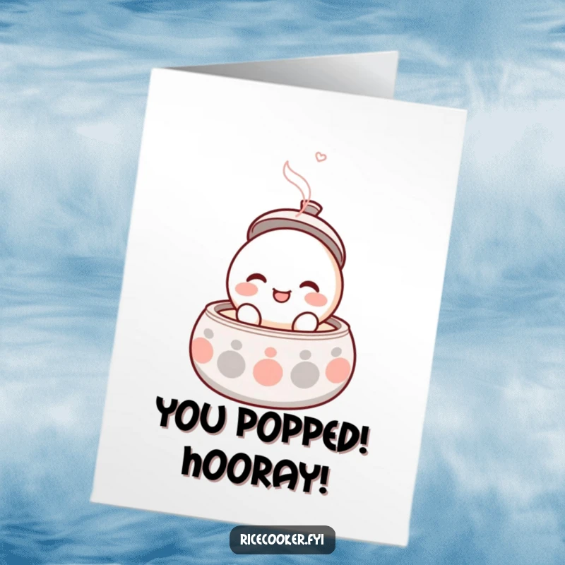 Funny Free Printable Congratulations Card of a smiling character popping open its lid with gentle steam rising.