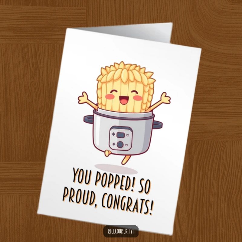 Funny Free Printable Congratulations Card: a delighted rice grain joyfully leaps from a cooker, ideal for celebrating DIY achievements.
