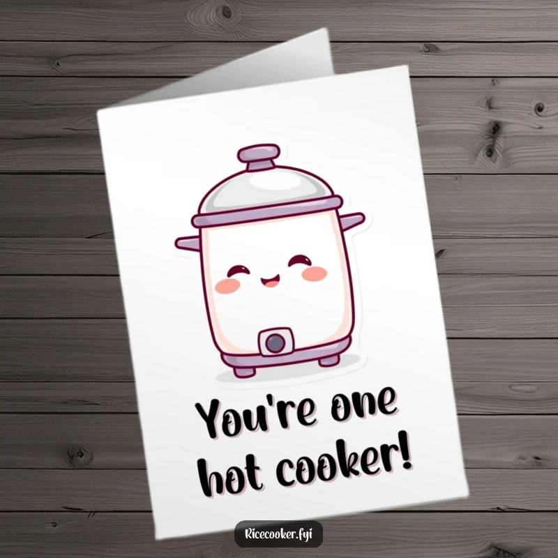 Funny Free Printable Congratulations Card: A rice cooker character smiling with its lid tilted, showing amusement, humorous downloadable design.