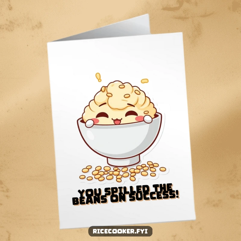 Funny free printable congratulations card showing a mischievous bowl character playfully spilling uncooked grains with a gleeful expression.