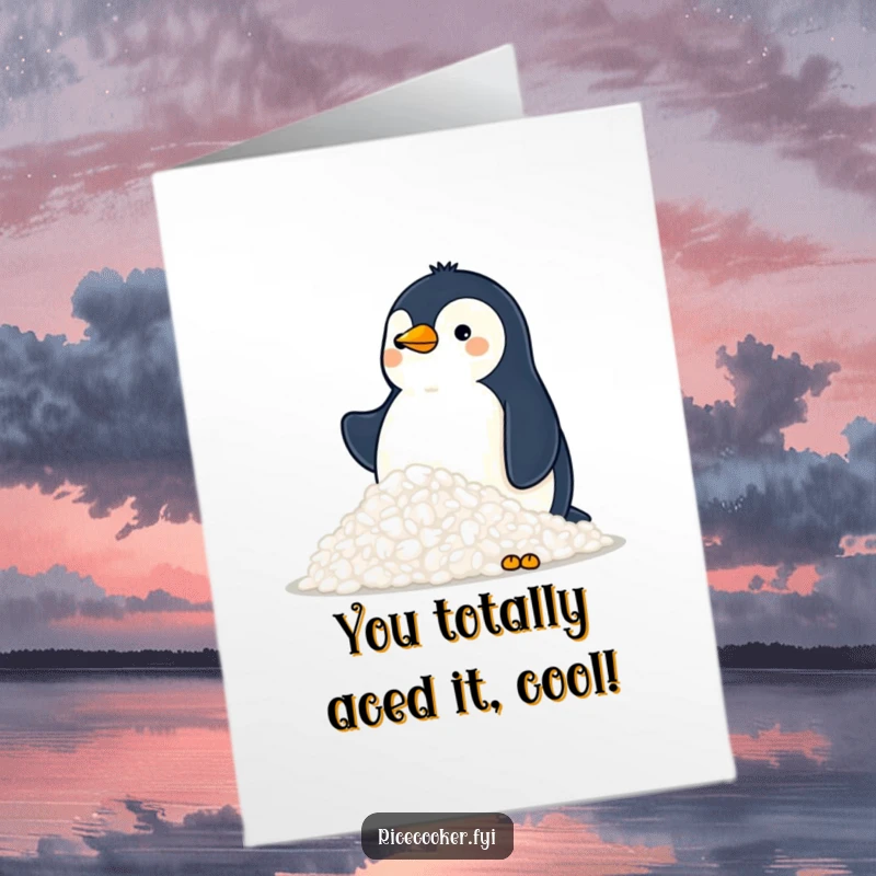 Funny free printable congratulations card with a proud penguin surveying a vast mountain of fluffy rice, cheering them on.