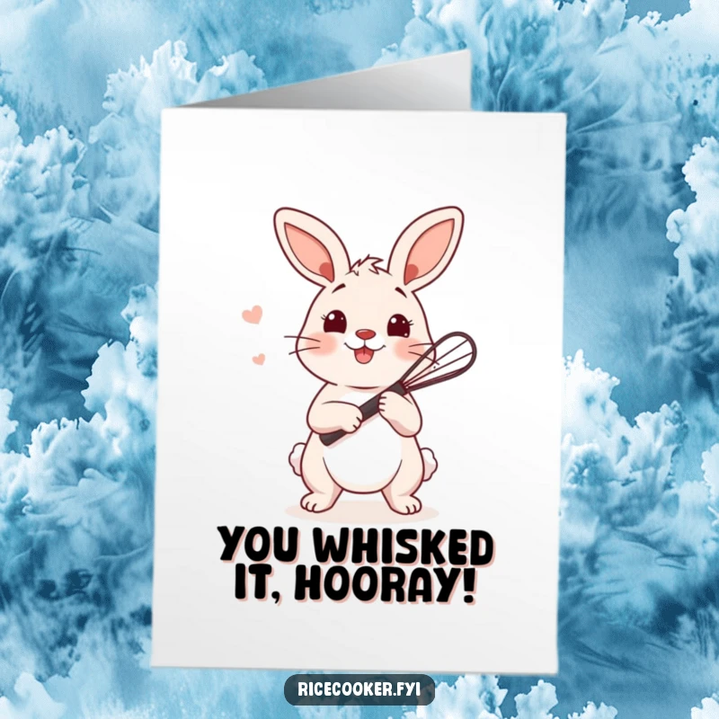 Funny Free Printable Congratulations Card: A playful bunny with a small whisk ready to mix rice.