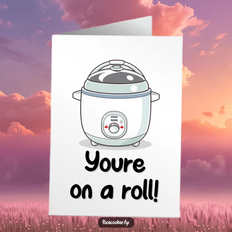 Funny Free Printable Congratulations Card showing a lively rice cooker bouncing with its button eye blinking excitedly, celebrating success.