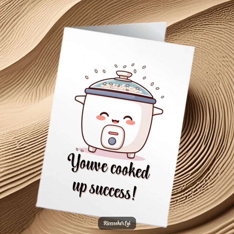 Funny free printable congratulations card depicting a gleeful rice cooker tossing rice grains like celebratory confetti from its lid.