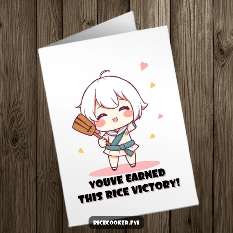 Funny Free Printable Congrats Card: Character comically spins a rice paddle like a tiny baton, celebrating achievements with playful energy.