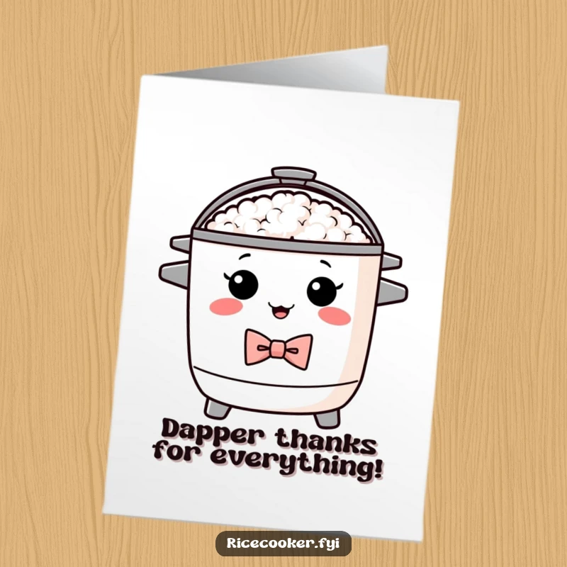 Funny Free Printable Thank You Card featuring a proud rice cooker with a bow tie, looking dapper and expressing refined gratitude.