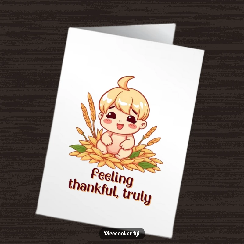 Funny Free Printable Thank You Card of a cheerful character sitting happily surrounded by perfectly cooked grains.
