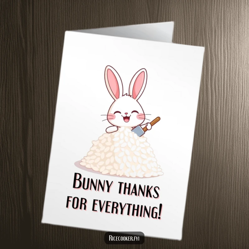 Funny Free Printable Thank You Card: A cheerful bunny uses a tiny spatula to pat a freshly made mound of rice.
