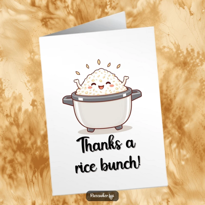 Funny Free Printable Thank You Card: A happy mound of cooked rice is dancing joyfully inside an open rice cooker.