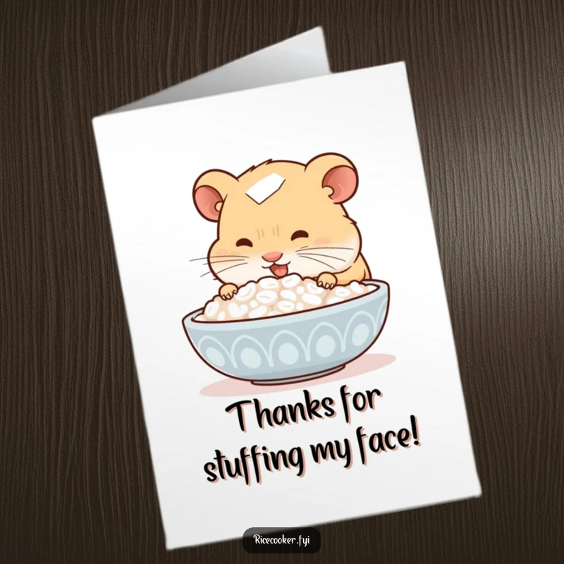 Funny free printable thank you card featuring a happy hamster sniffing a bowl of steaming rice with pure delight, a downloadable thank you.