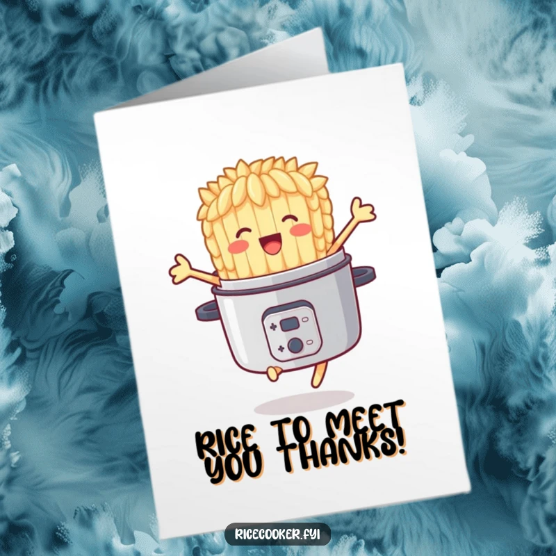 Funny Free Printable Thank You Card: a delighted rice grain actively jumping with joy from a cooker, perfect for a DIY thank you.