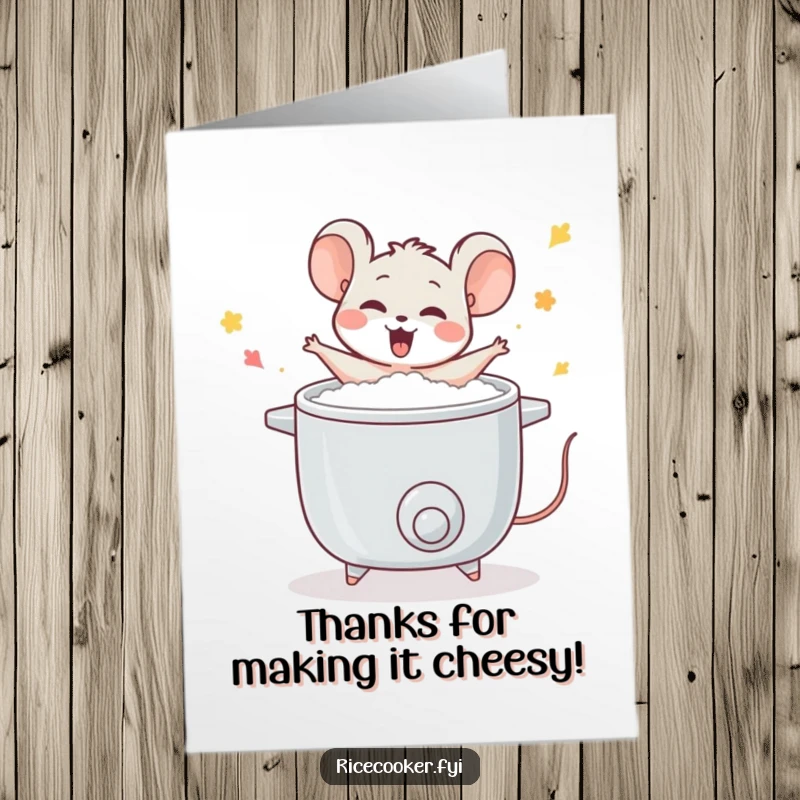 Funny free printable thank you card depicting a joyful mouse dancing merrily around a bubbling rice cooker, a downloadable thank you.