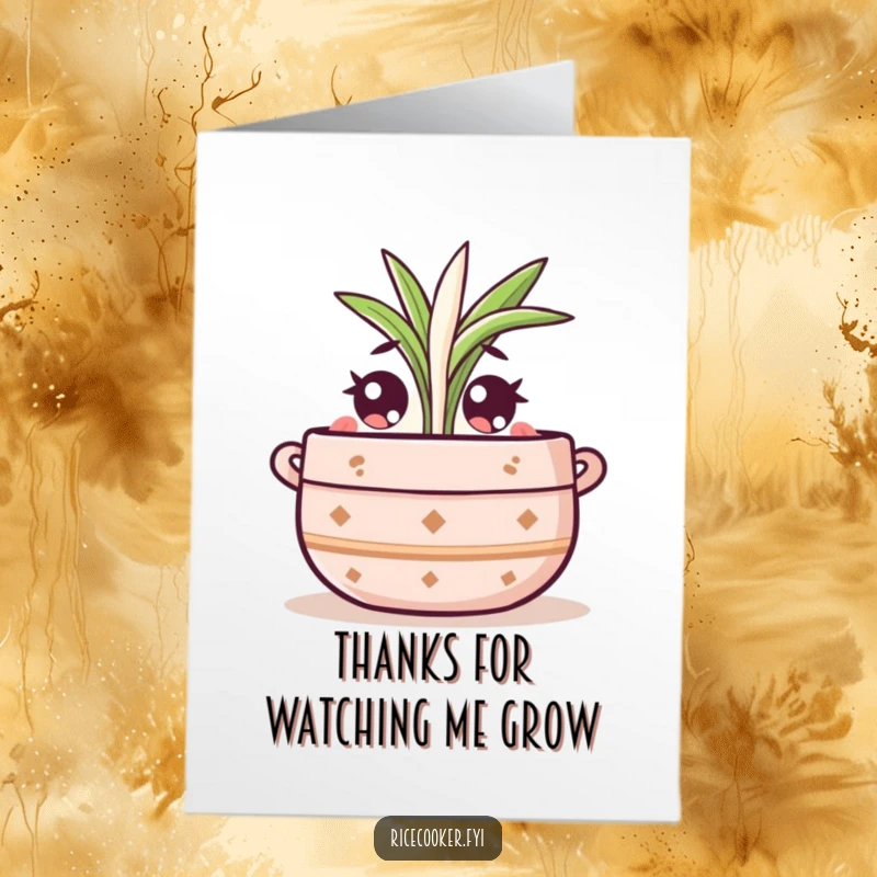 Funny Free Printable Thank You Card: a cute pot character with wide eyes observes a rice sprout emerging, perfect for a DIY thank you.