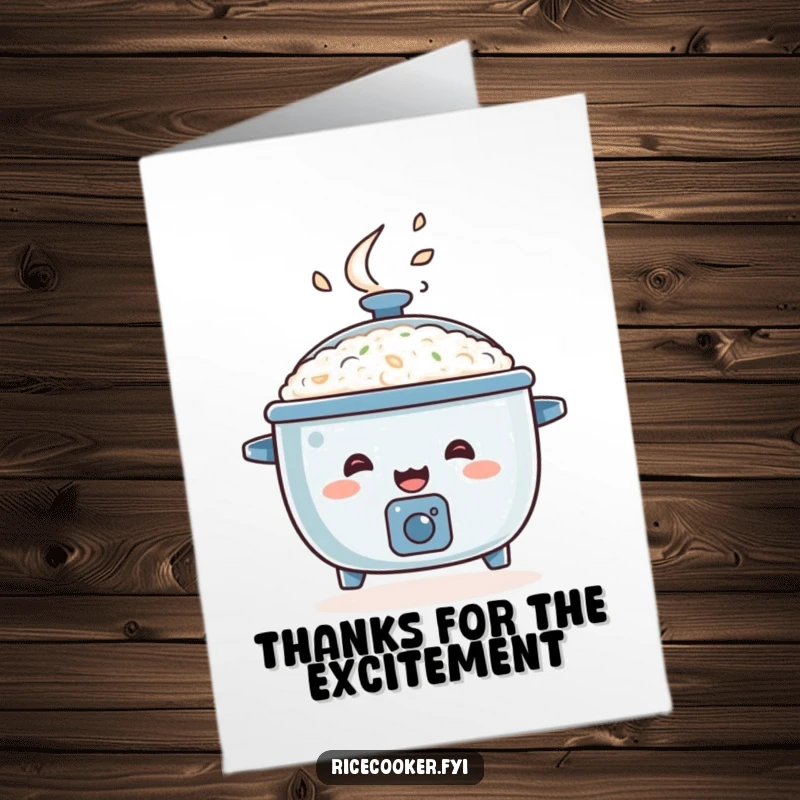 Funny Free Printable Thank You Card: A happy rice cooker bouncing with steam erupting from its lid, a fun way to say thanks.