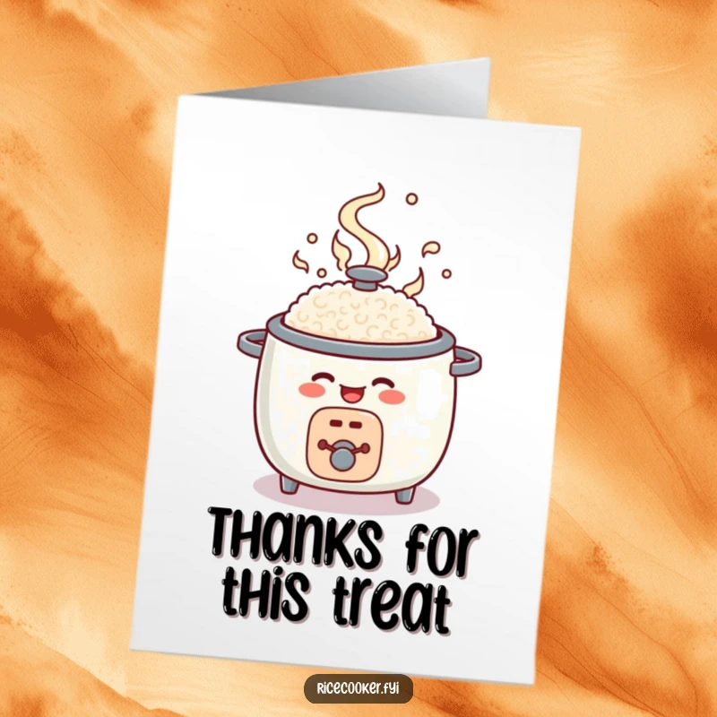 Funny Free Printable Thank You Card: A round rice cooker joyfully pops open with steam, a unique way to say thanks.