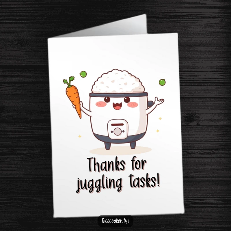 Funny Free Printable Thank You Card: Happy rice cooker juggling a carrot and a pea, a fun way to say thanks.