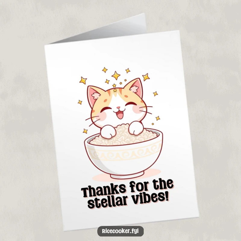 Funny Free Printable Thank You Card: A happy cat sprinkling shimmering stars onto a bowl of delicious freshly cooked rice.