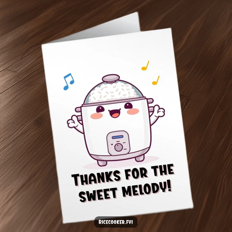 Funny free printable thank you card of a happy rice cooker with arms waving, conducting a thank you symphony.