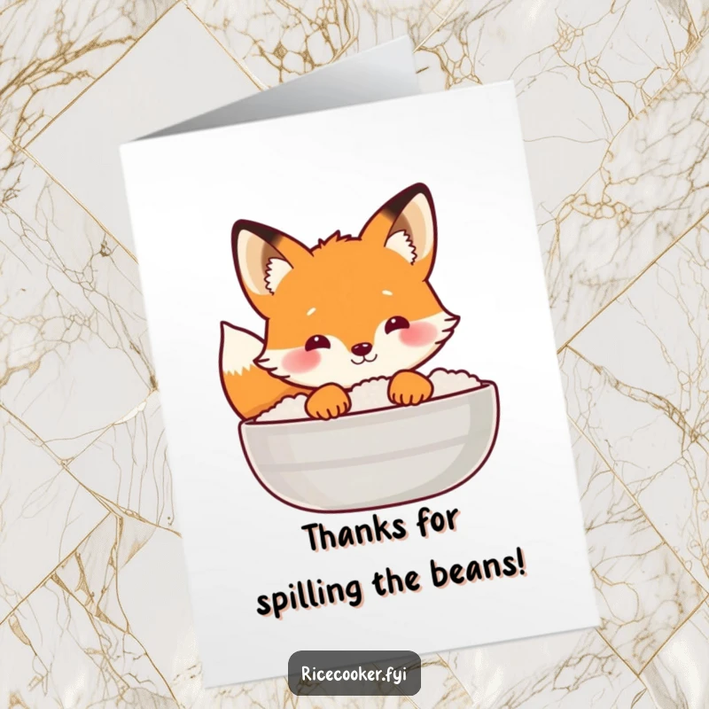 Funny Free Printable Thank You Card: A curious fox peeks out from behind a lid of steaming rice.