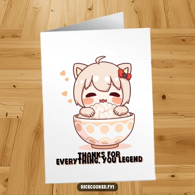 Funny Free Printable Thank You Card: character contentedly embracing a steaming bowl of rice with a sigh of gratitude.