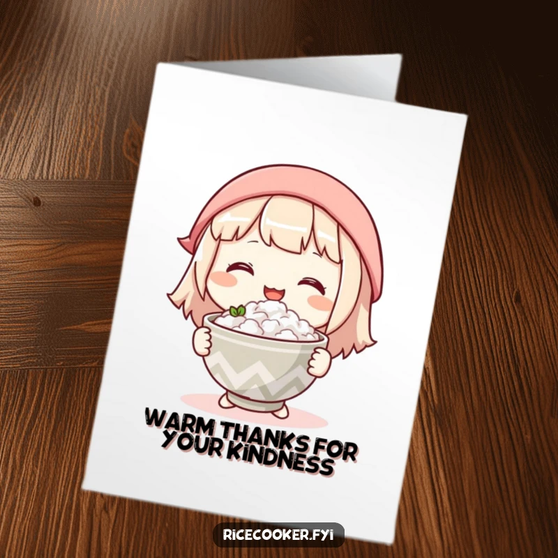 Funny Free Printable Thank You Card: character smiling gently while offering a warm bowl of rice in gratitude.