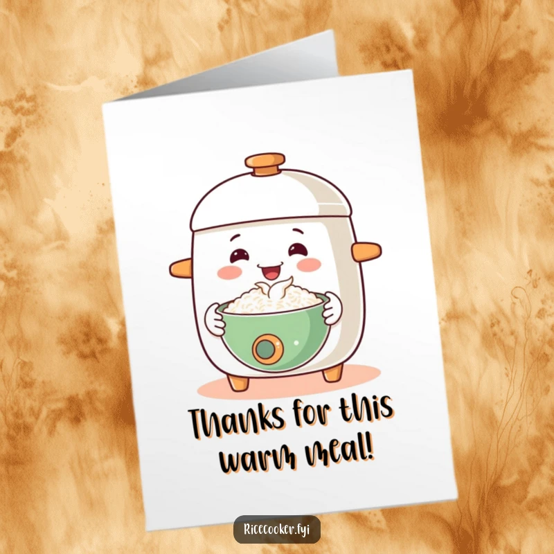 Funny free printable thank you card of a happy rice cooker offering a steaming bowl with a generous and welcoming motion.