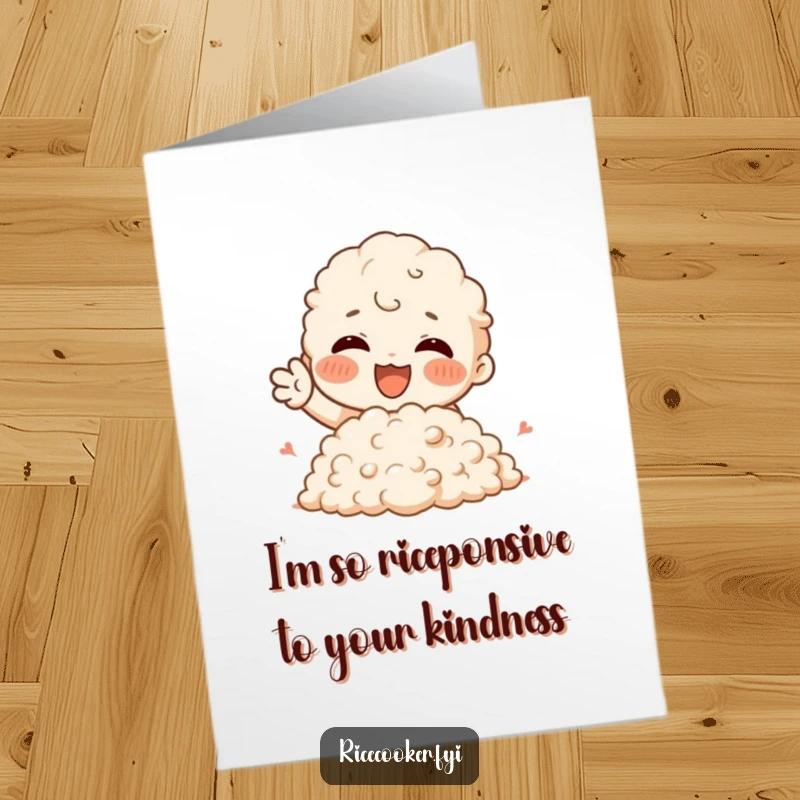 Free Printable Thank You Card: a character joyfully gestures towards a fluffy mound of rice, conveying abundant thanks.