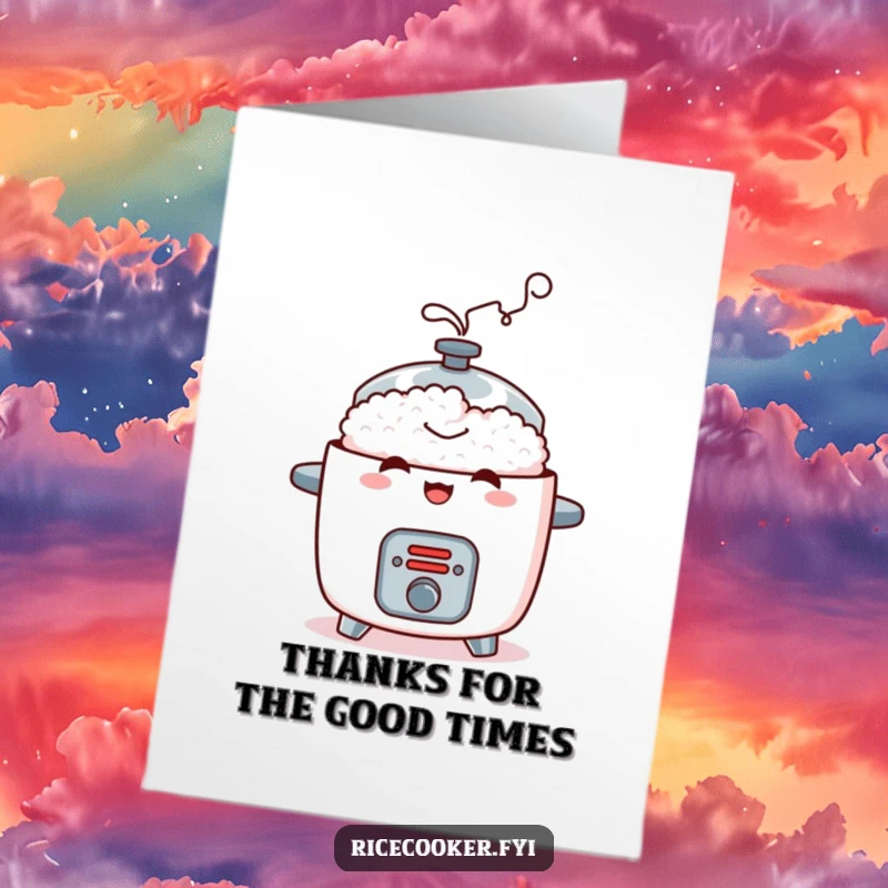 Funny Free Printable Thank You Card where a mischievous rice cooker emits contented steam, offering a humorous way to express thanks.