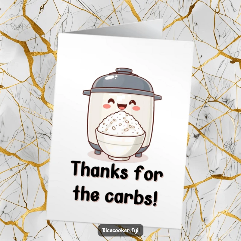 Funny Free Printable Thank You Card: an excited rice cooker joyfully offers a bowl of fluffy rice, symbolizing appreciation.